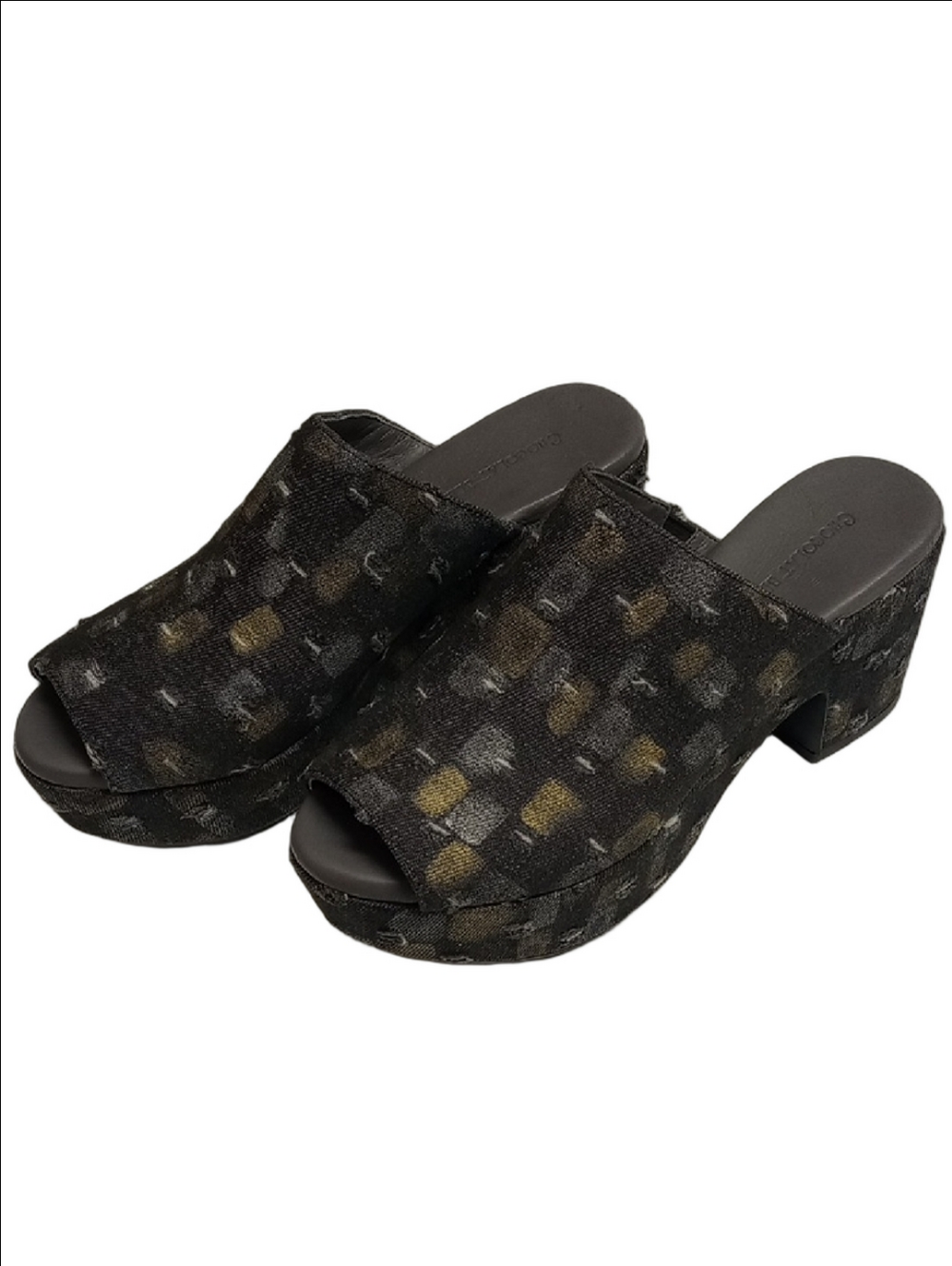 🆕 CHOCOLATE BLU "GORDIE" BLACK DENIM PLATFORM MULES SHOES WITH GOLDEN ACCENTS